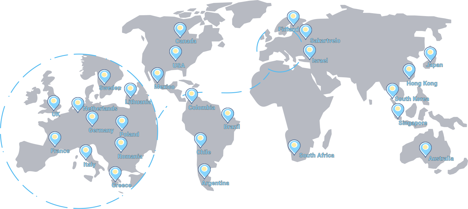 Grid of the 26 countries where Unihost lists dedicated and VPS servers, October 2026