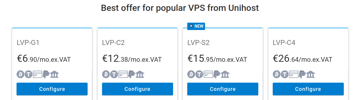 Unihost price ladder from a EUR 6.90 VPS to a EUR 13,890.90 eight-GPU H100 server