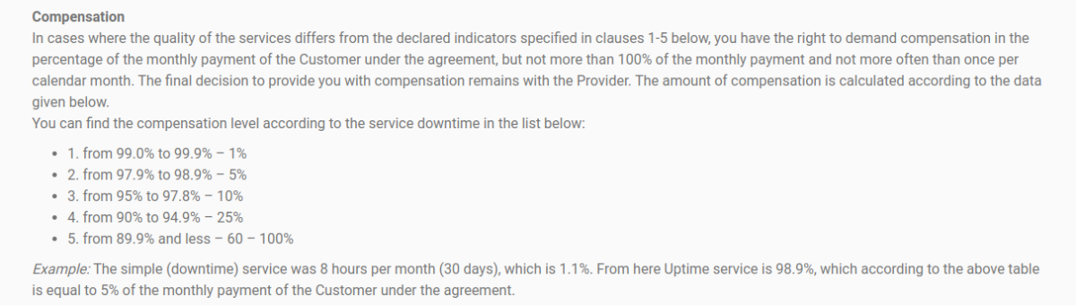 Unihost SLA credit ladder: 1% credit for 99.0 to 99.9% uptime, rising to 60-100% below 89.9%