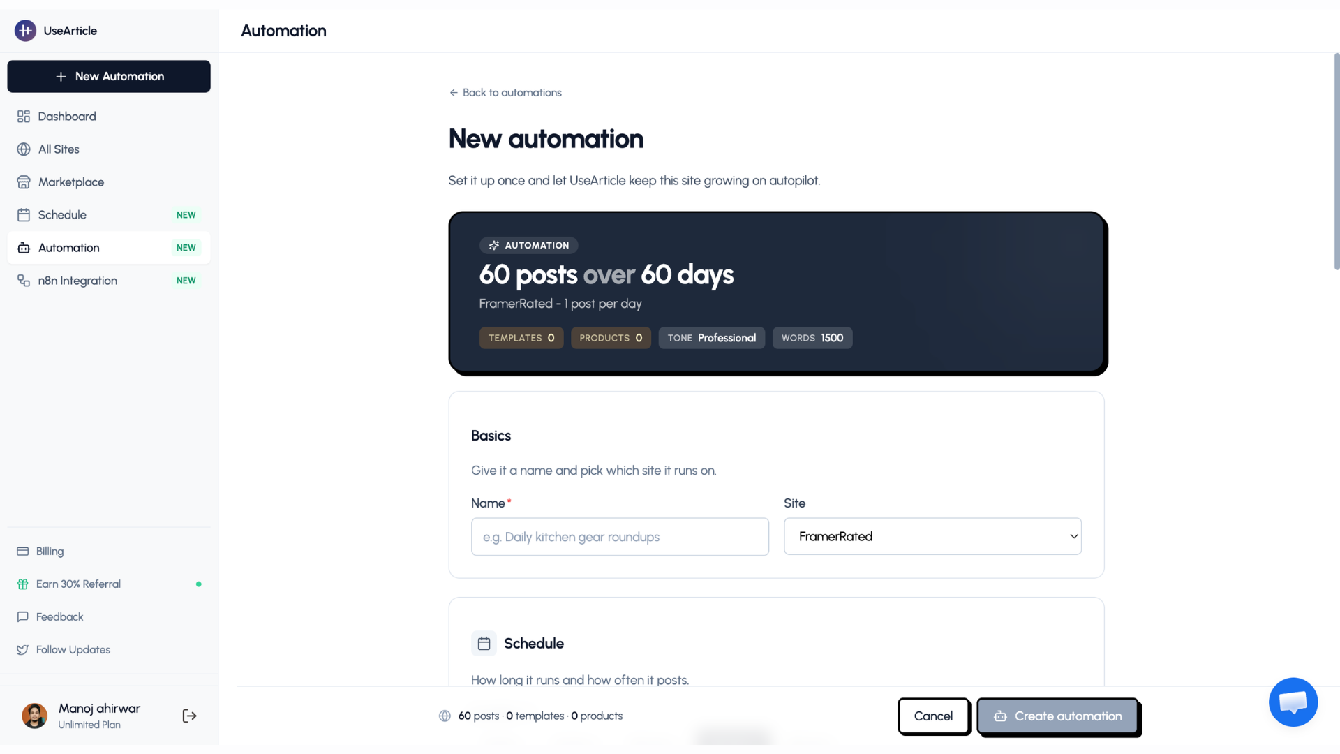 UseArticle automation setup screen for configuring a content-generation job