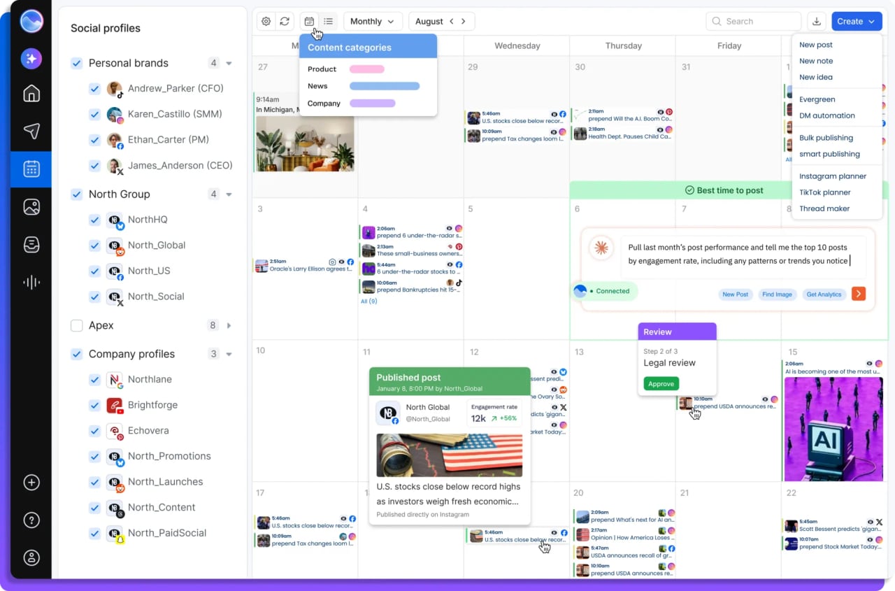 Vista Social dashboard showing connected social network profiles across Facebook, Instagram, TikTok, LinkedIn and Bluesky