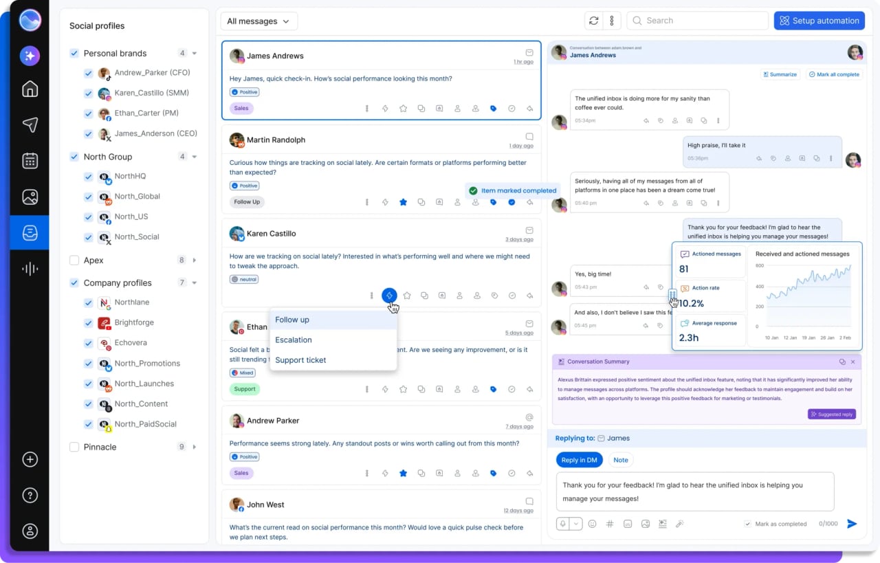 Vista Social unified social inbox showing comments, direct messages and reviews in one queue