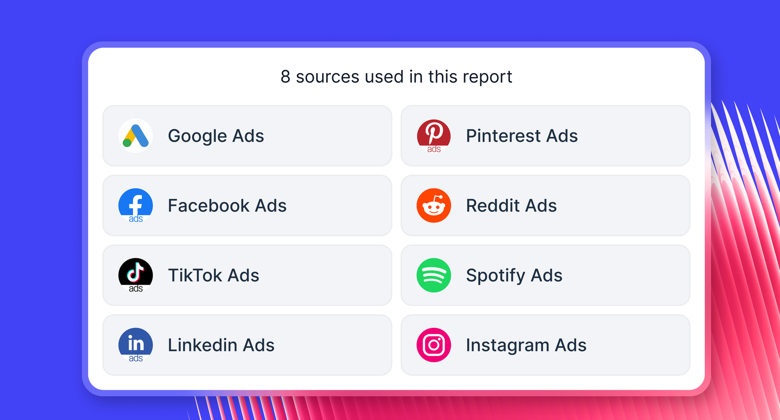Whatagraph Source Groups screen merging several ad accounts of the same channel into one aggregated source