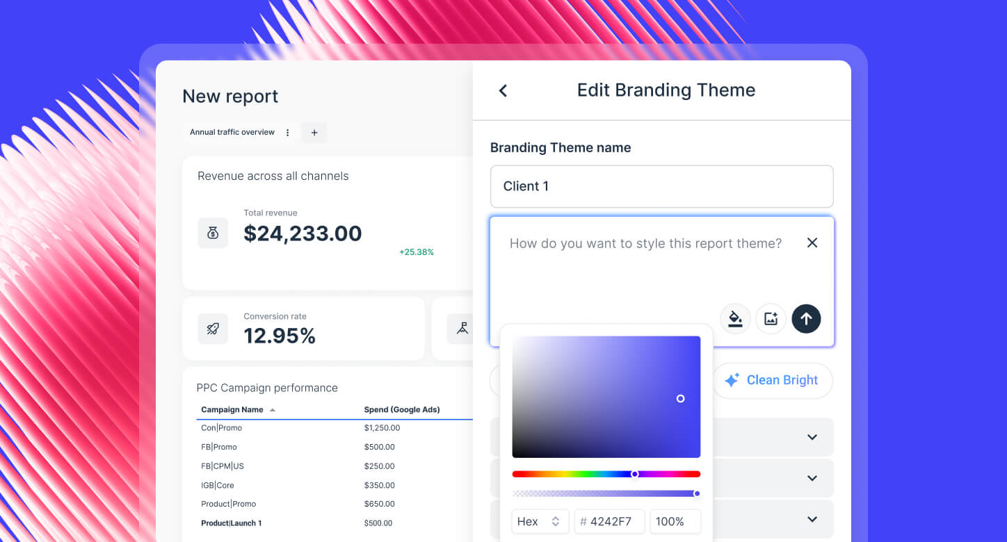 Whatagraph report builder showing revenue widgets alongside white-label branding options