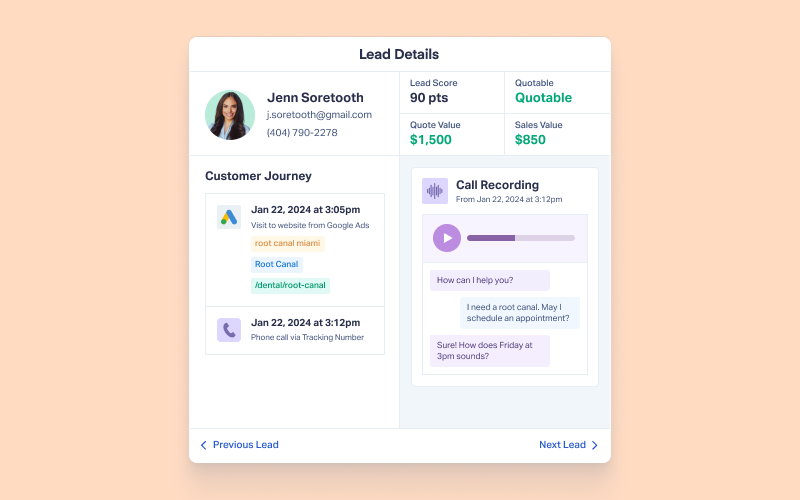 WhatConverts Customer Journey attribution report with lead touchpoints