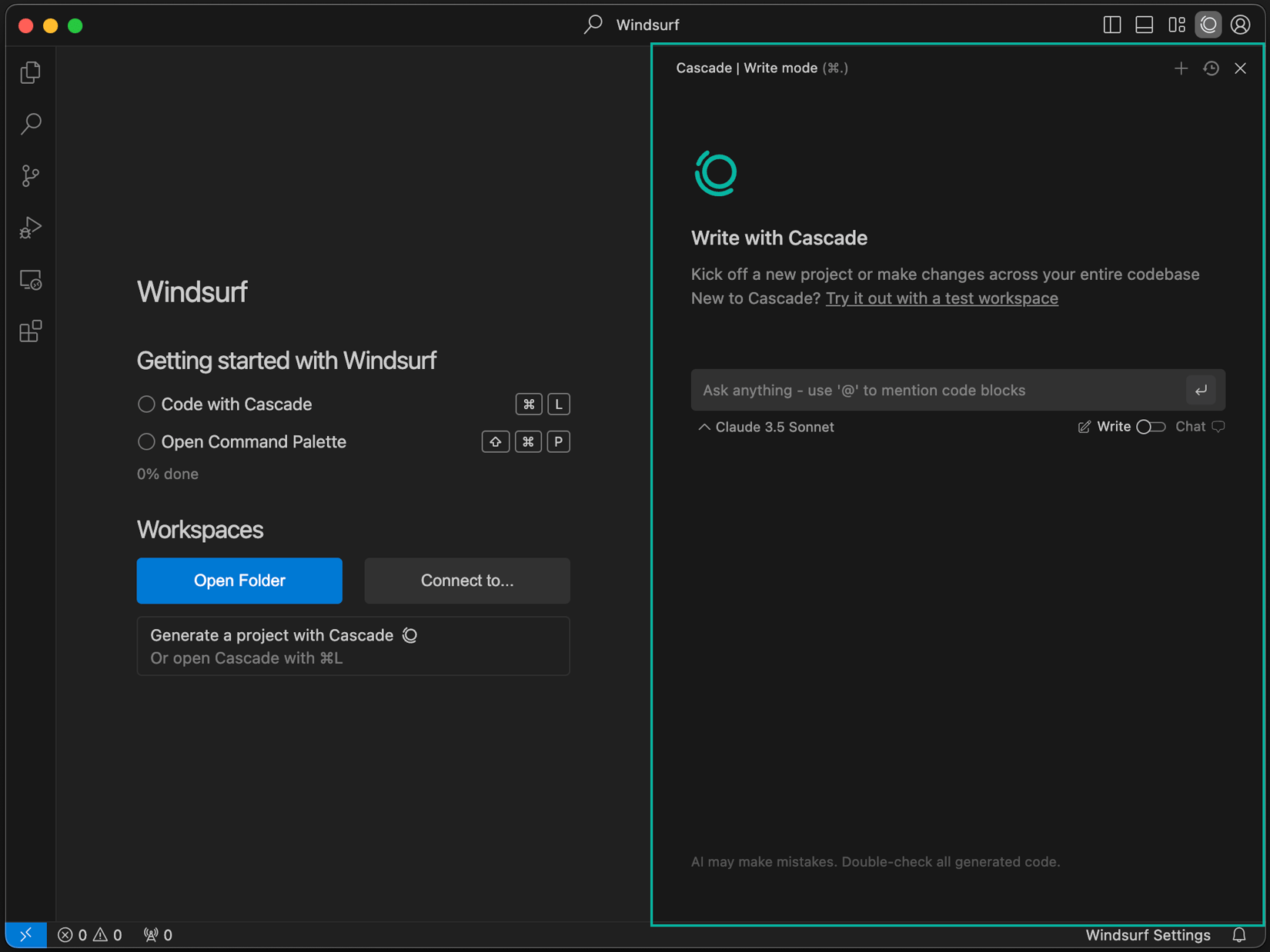 Windsurf AI code editor with the Cascade agent panel open