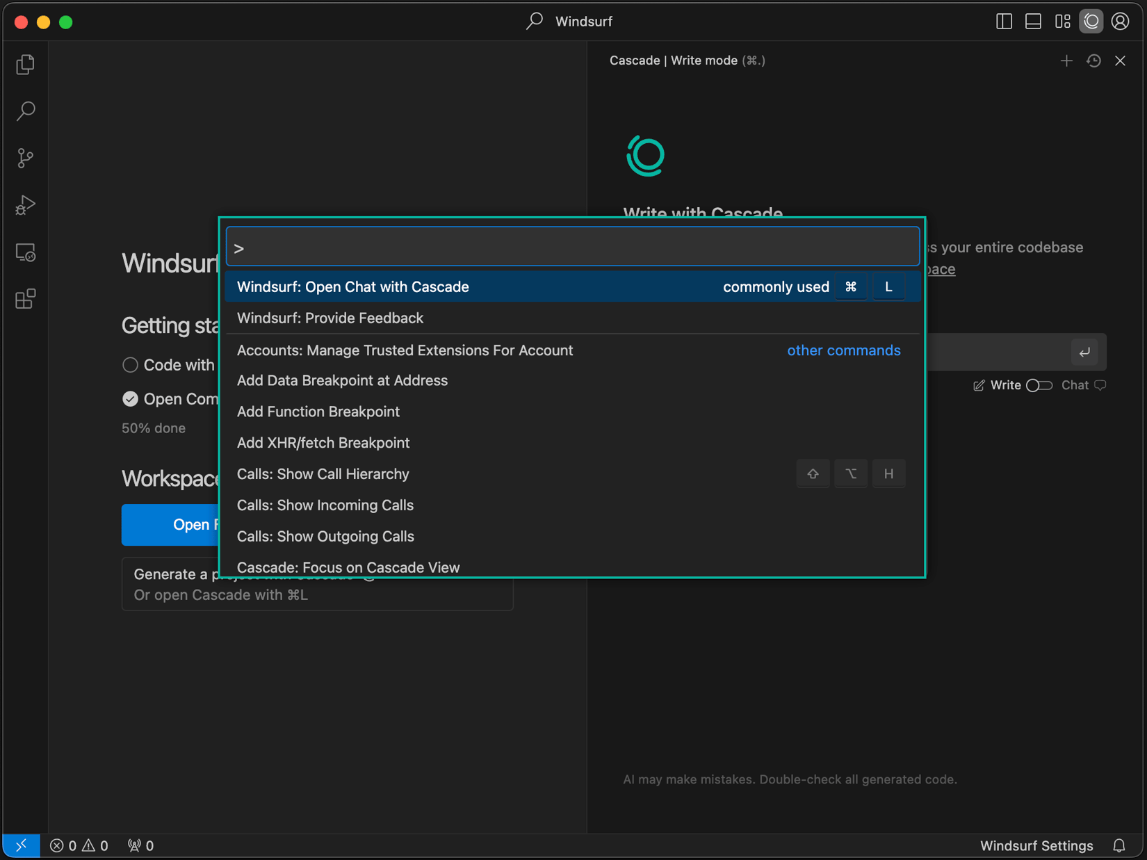 Windsurf command palette showing Open Chat with Cascade