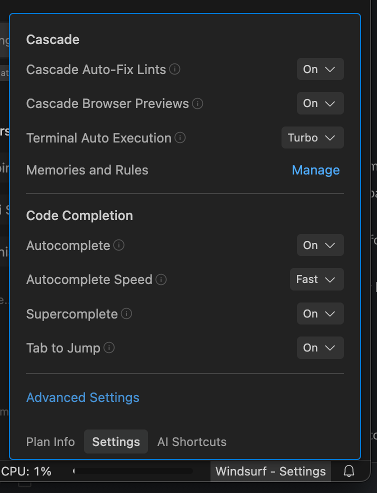 Windsurf settings showing Supercomplete, Tab to Jump, and code completion options
