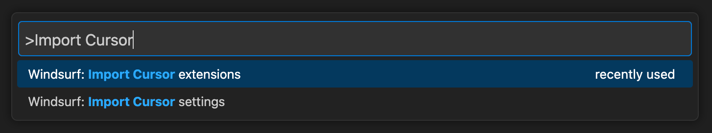 Windsurf command to import Cursor extensions and settings