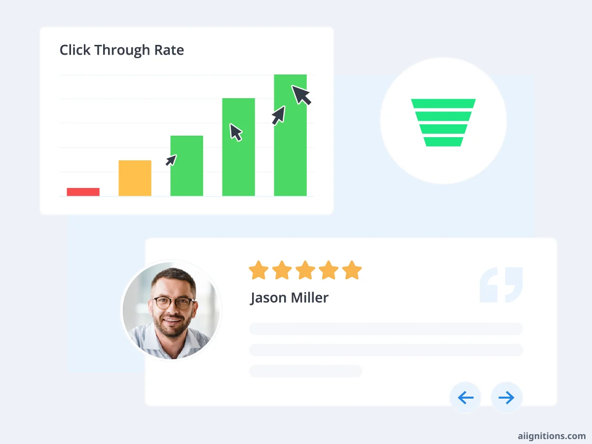 Click-through-rate chart and five-star review card from the Marketing.xyz partnership promoted on WooRank's homepage