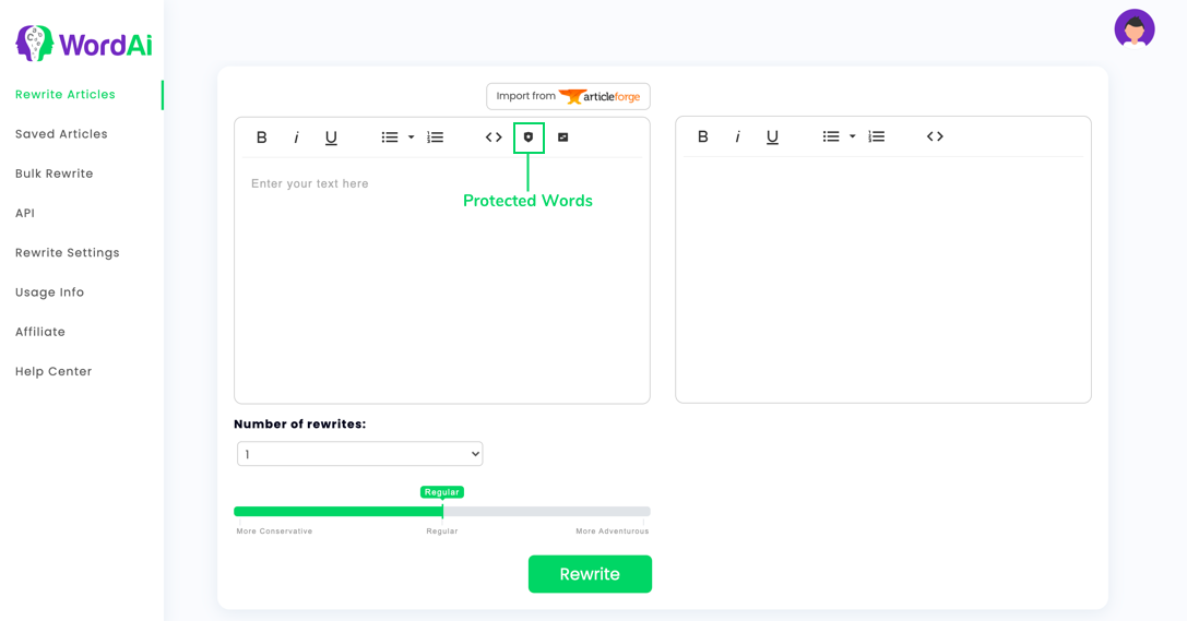 WordAI dashboard with the rewrite settings slider, number of rewrites and Import from articleforge button
