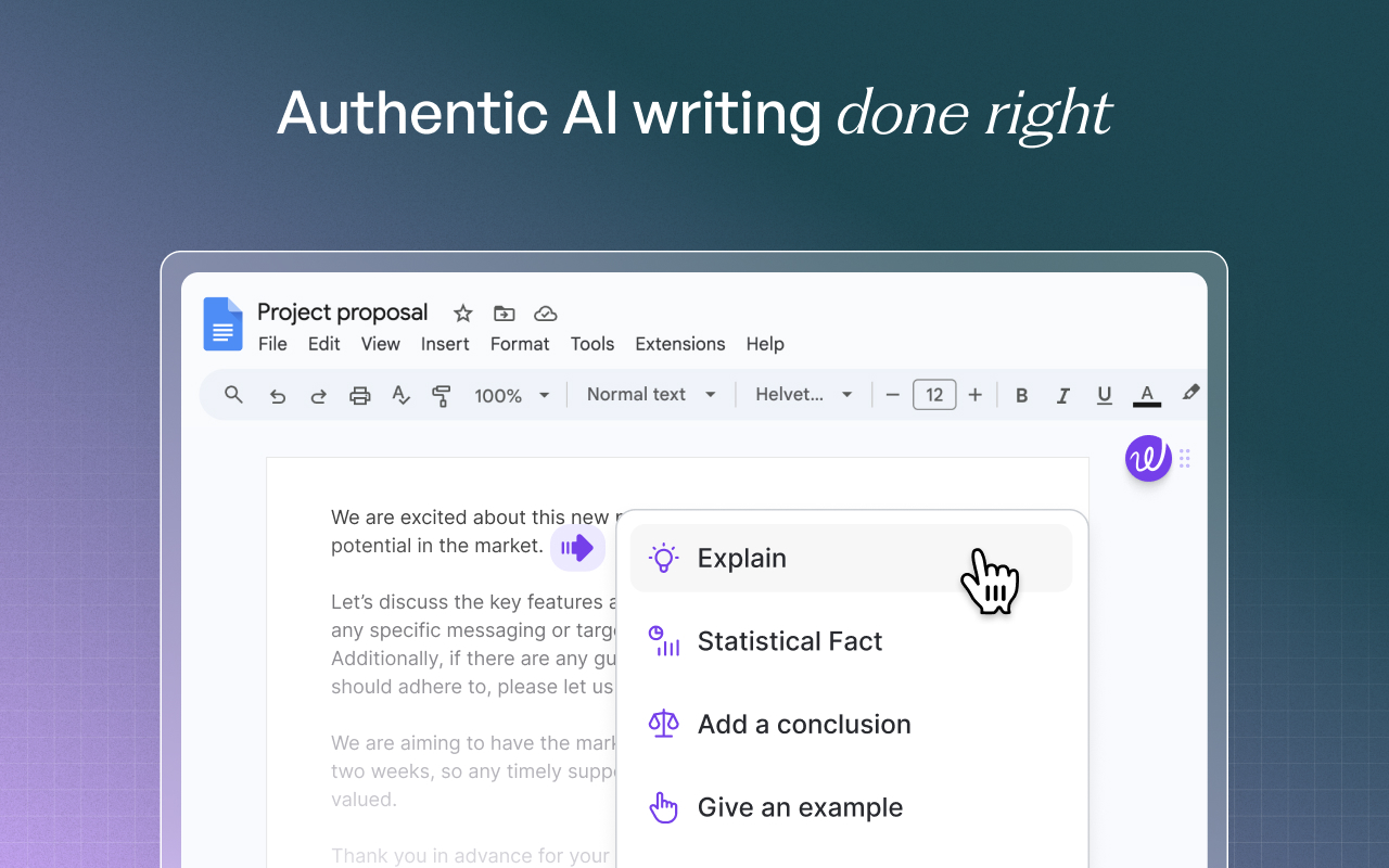 Wordtune Spices menu in Google Docs with Explain, Statistical Fact, Add a conclusion and Give an example options