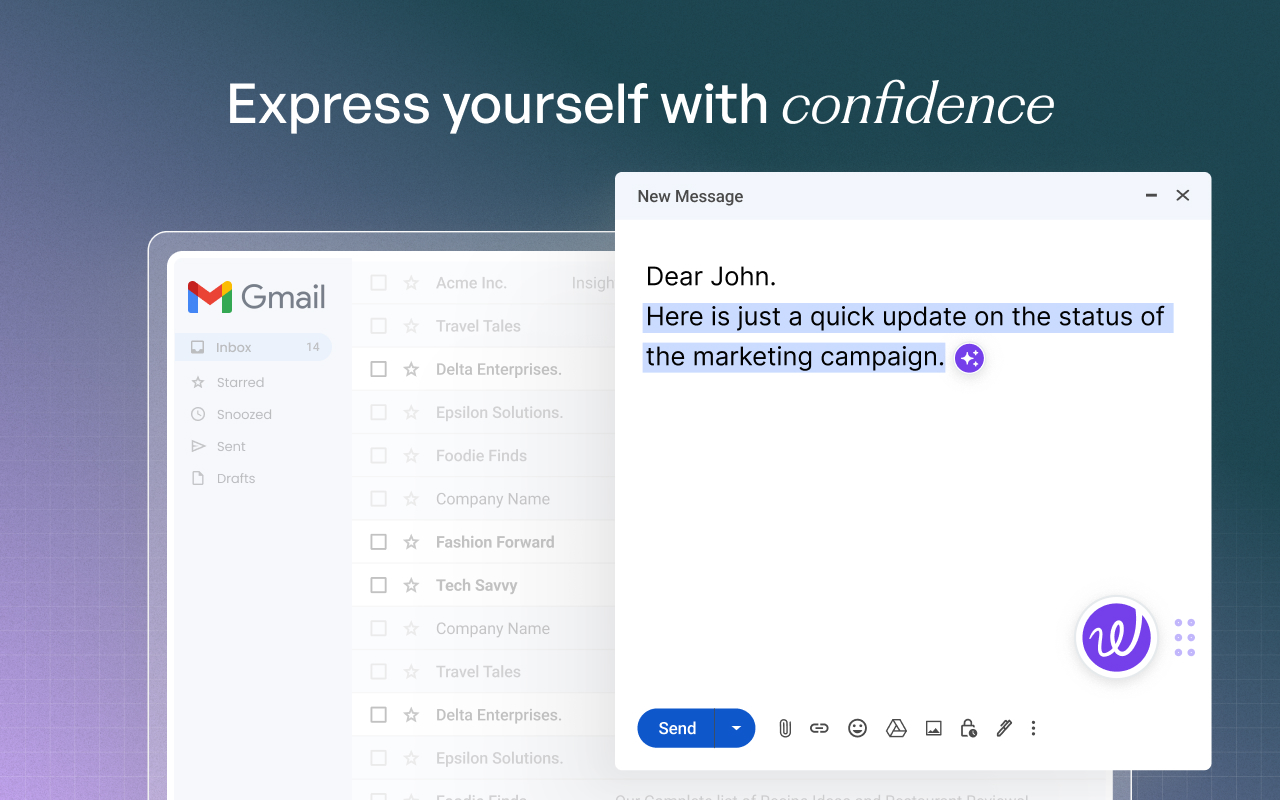Wordtune rewrite button on a highlighted sentence in a Gmail compose window