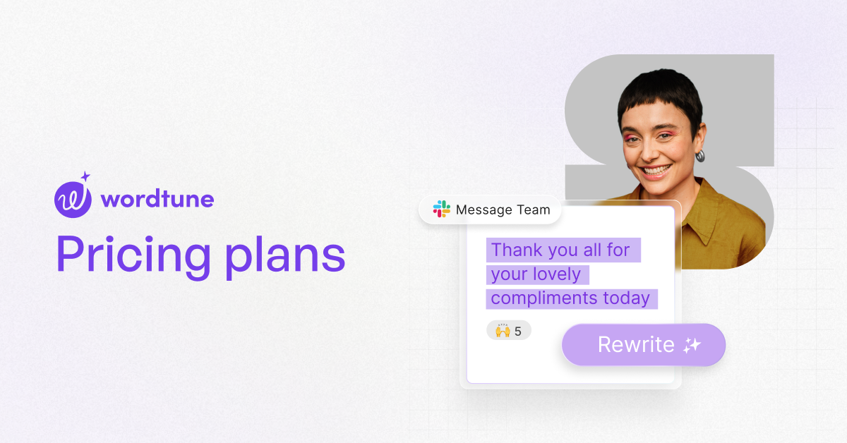 Wordtune pricing plans banner showing the Rewrite button inside a Slack message