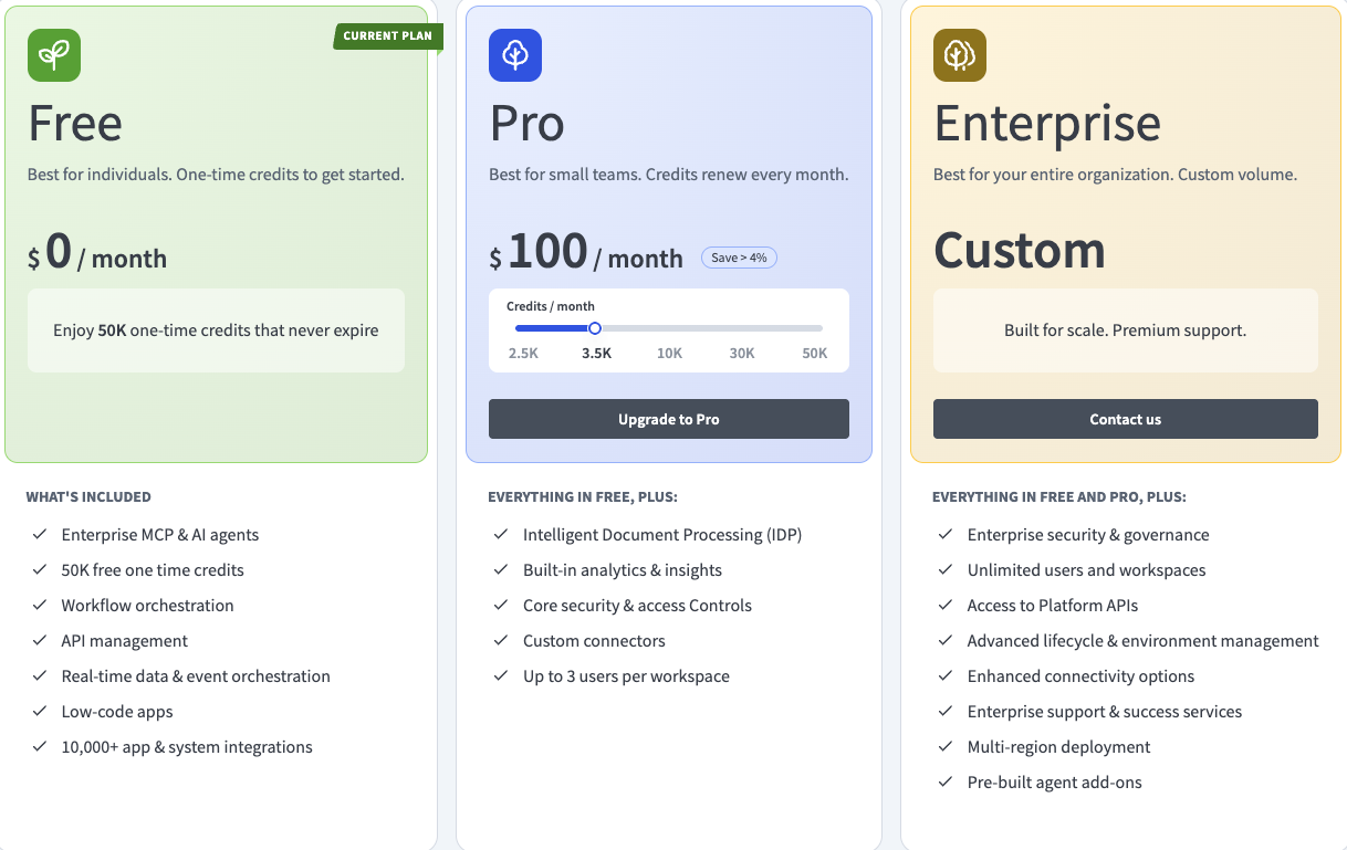 Workato Pro credit-limit slider in the self-service billing settings