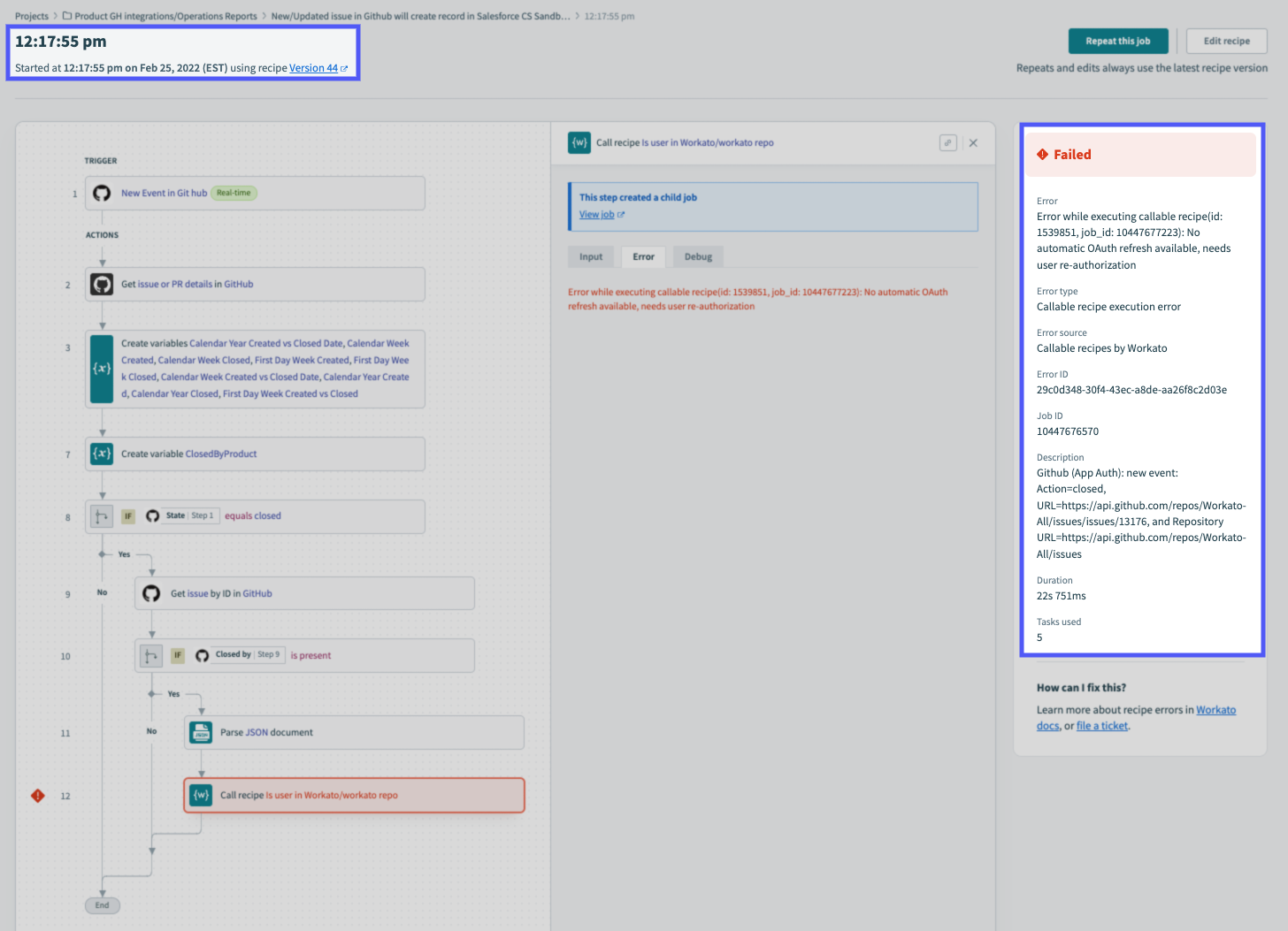 Workato job history showing a failed job and its error summary