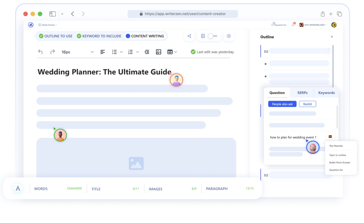WriterZen Content Creator workspace with outline suggestions from top-ranking pages