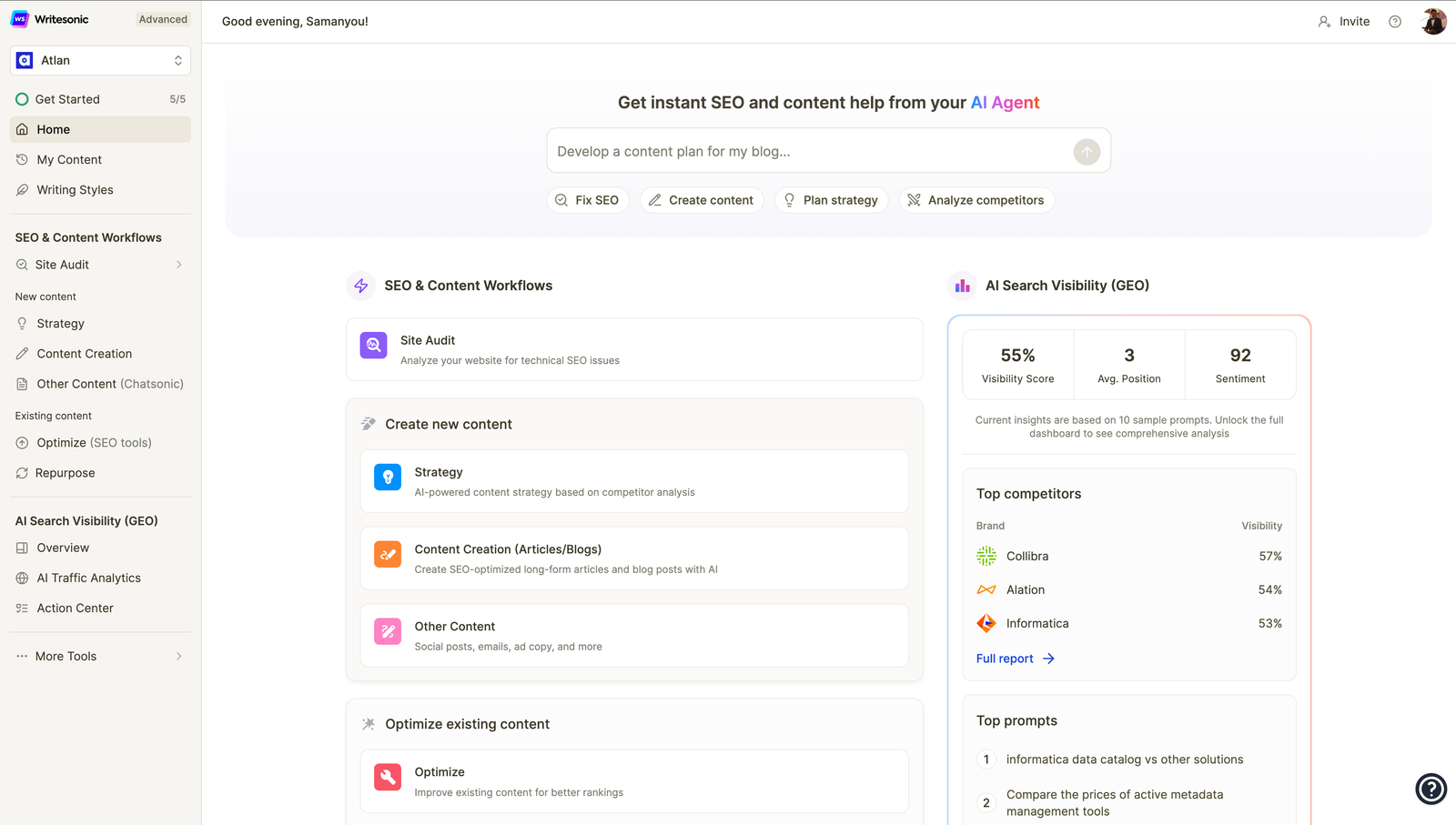 Writesonic home screen with an AI agent prompt box, SEO and content workflows, and an AI Search Visibility panel showing a 55% visibility score