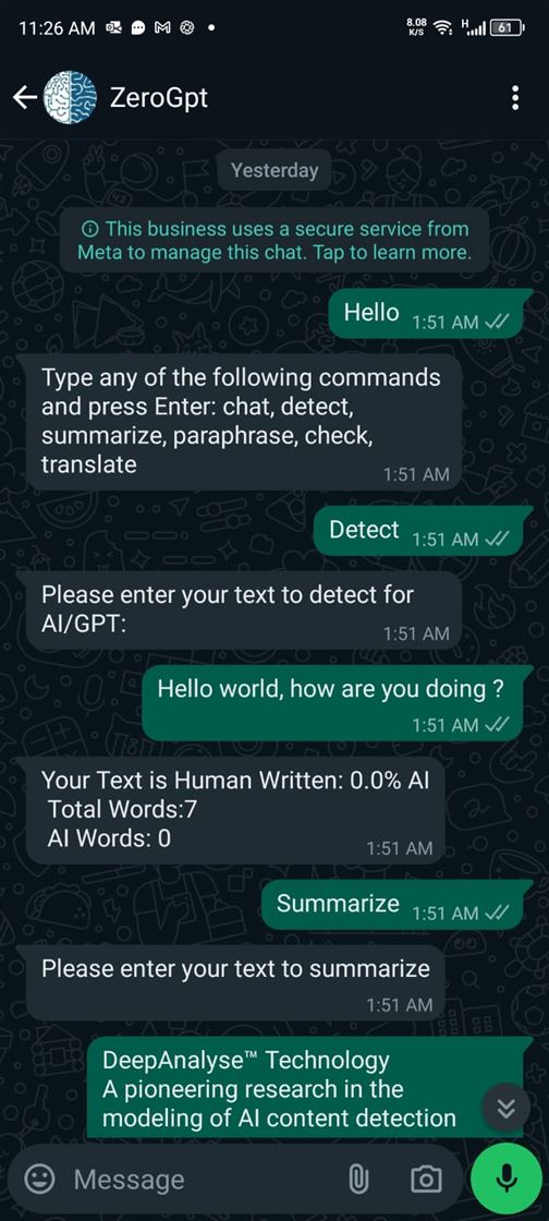 ZeroGPT WhatsApp bot answering a Detect command with Your Text is Human Written: 0.0% AI