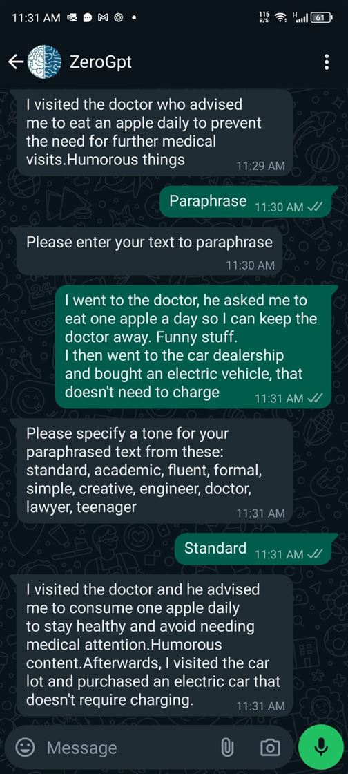 ZeroGPT WhatsApp bot asking for a tone, then paraphrasing a short anecdote