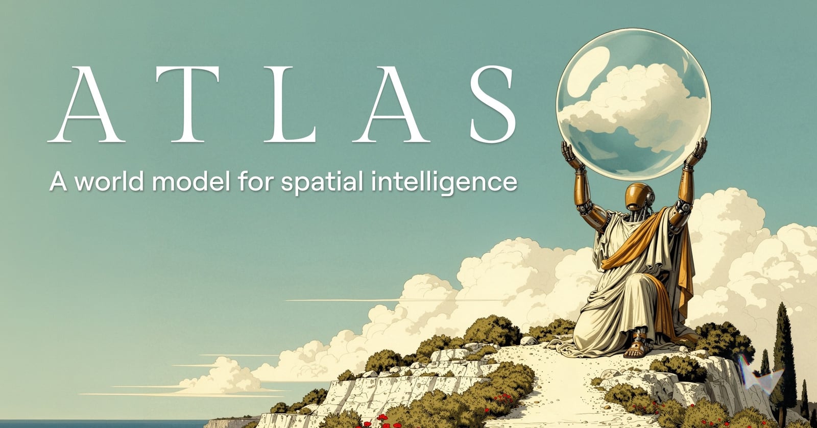 World Labs announcement art for Atlas, a world model for spatial intelligence, showing a robot holding up a glass globe