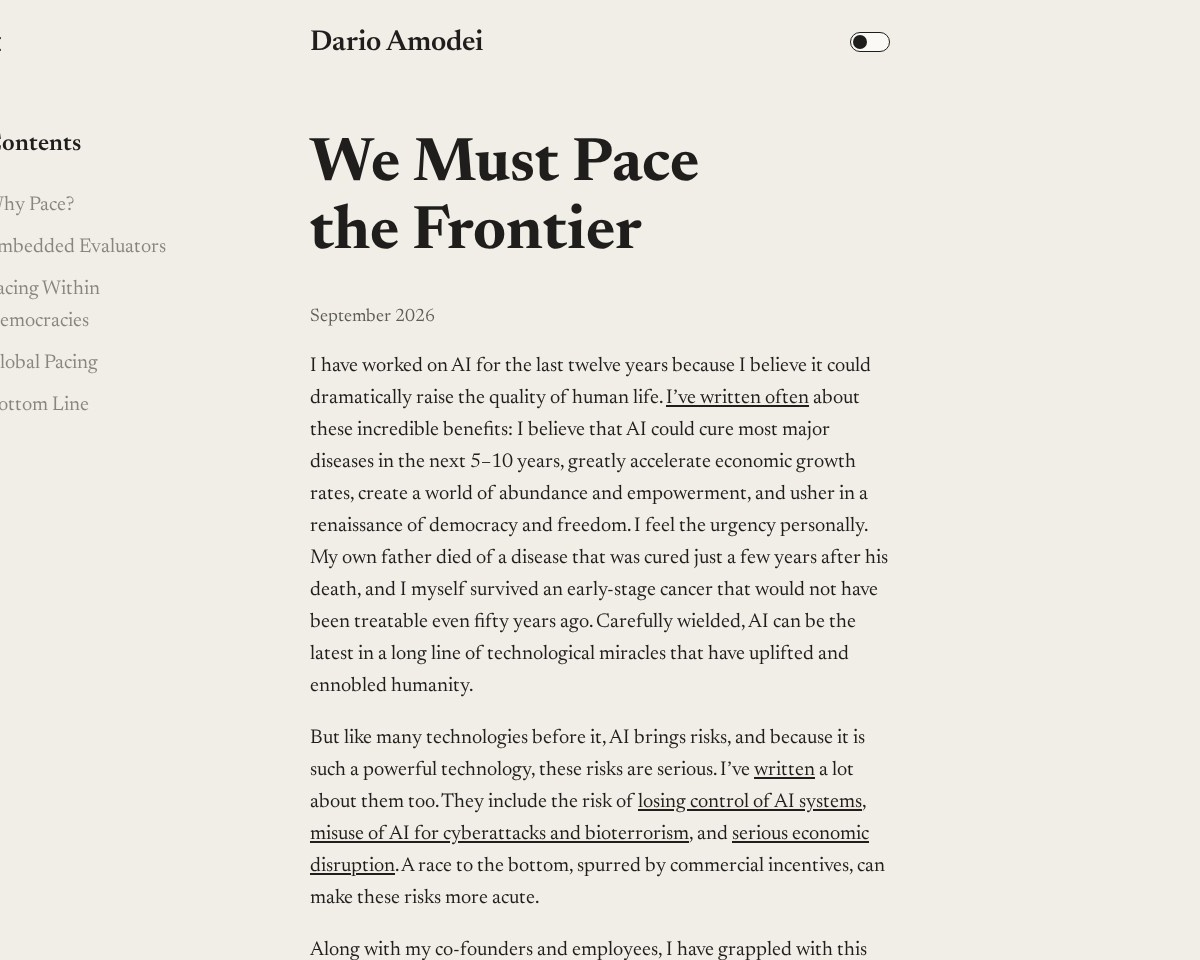 Screenshot of the essay We Must Pace the Frontier on Dario Amodei's website