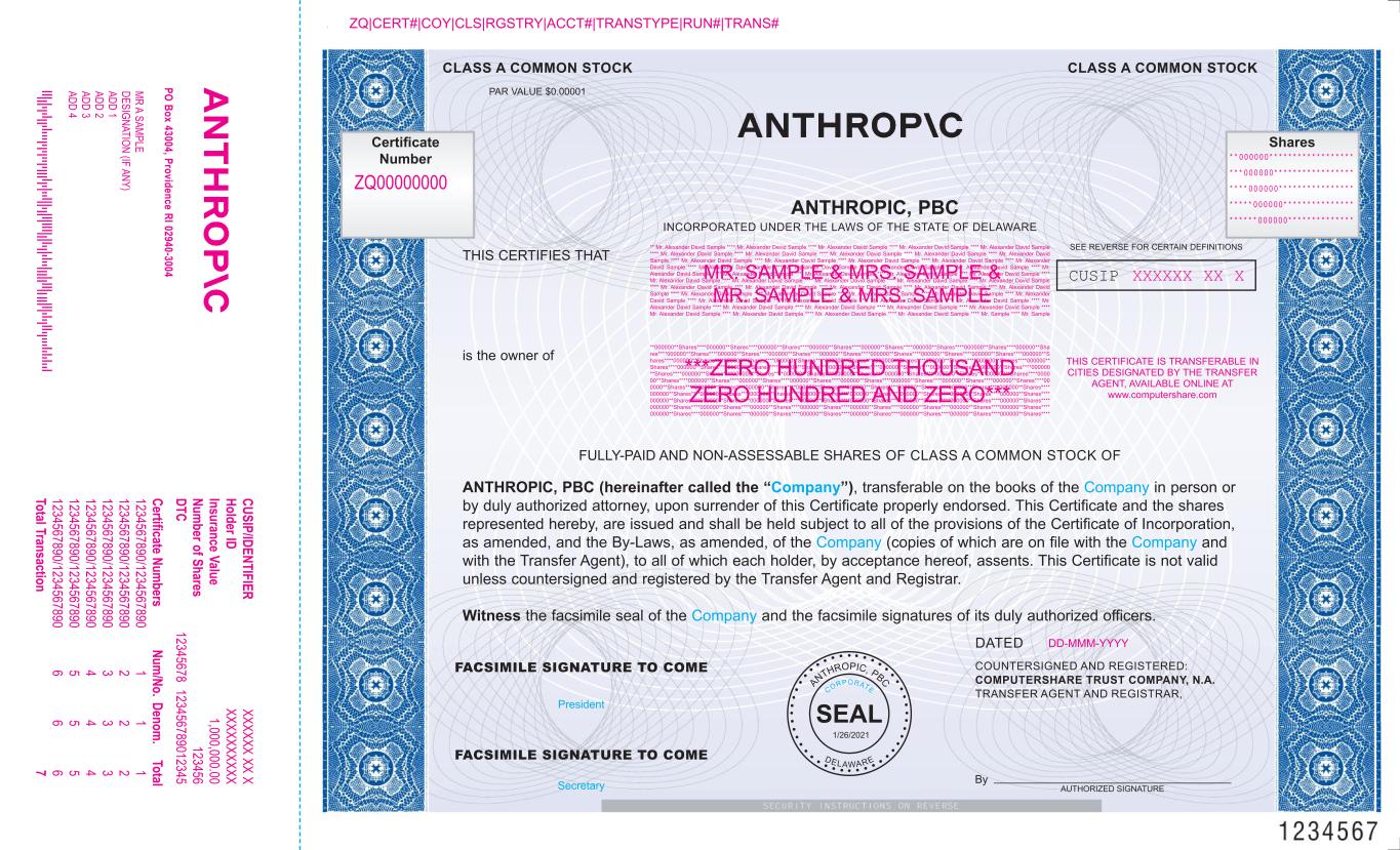 Specimen Anthropic, PBC Class A common stock certificate filed as an exhibit to the S-1, with placeholder holder names