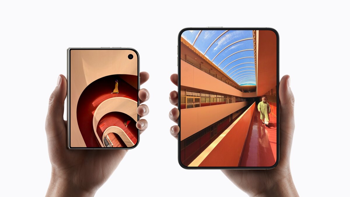 iPhone Duo closed on its 5.4-inch outer display beside an open iPhone Duo showing its 7.6-inch inner display