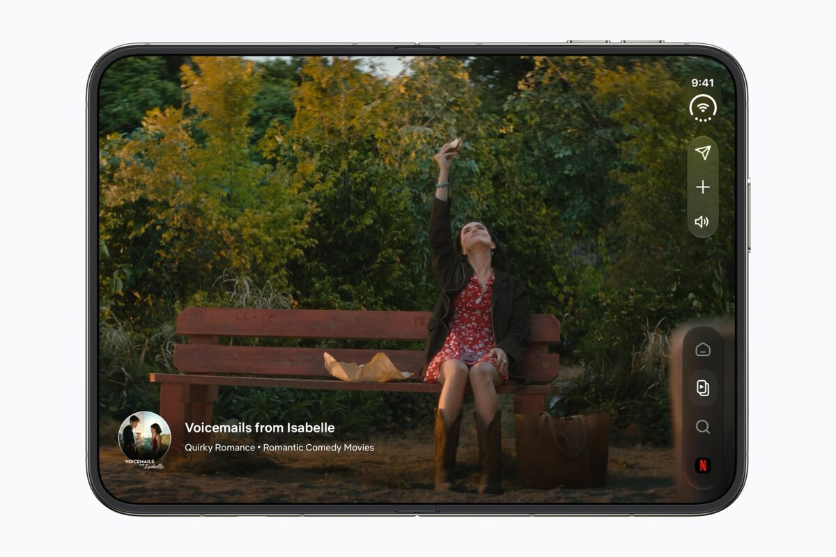 Netflix playing a film on the iPhone Duo inner display in landscape, with system controls along the right edge