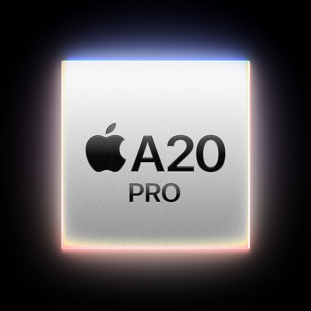 The Apple A20 Pro chip glowing on a black background