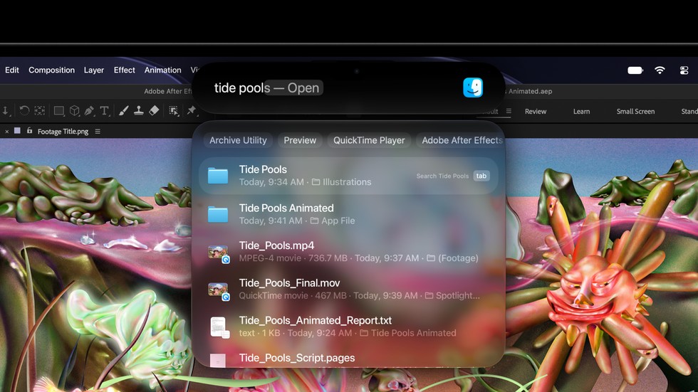 Close-up of the Dynamic Island on the MacBook Pro showing Spotlight search