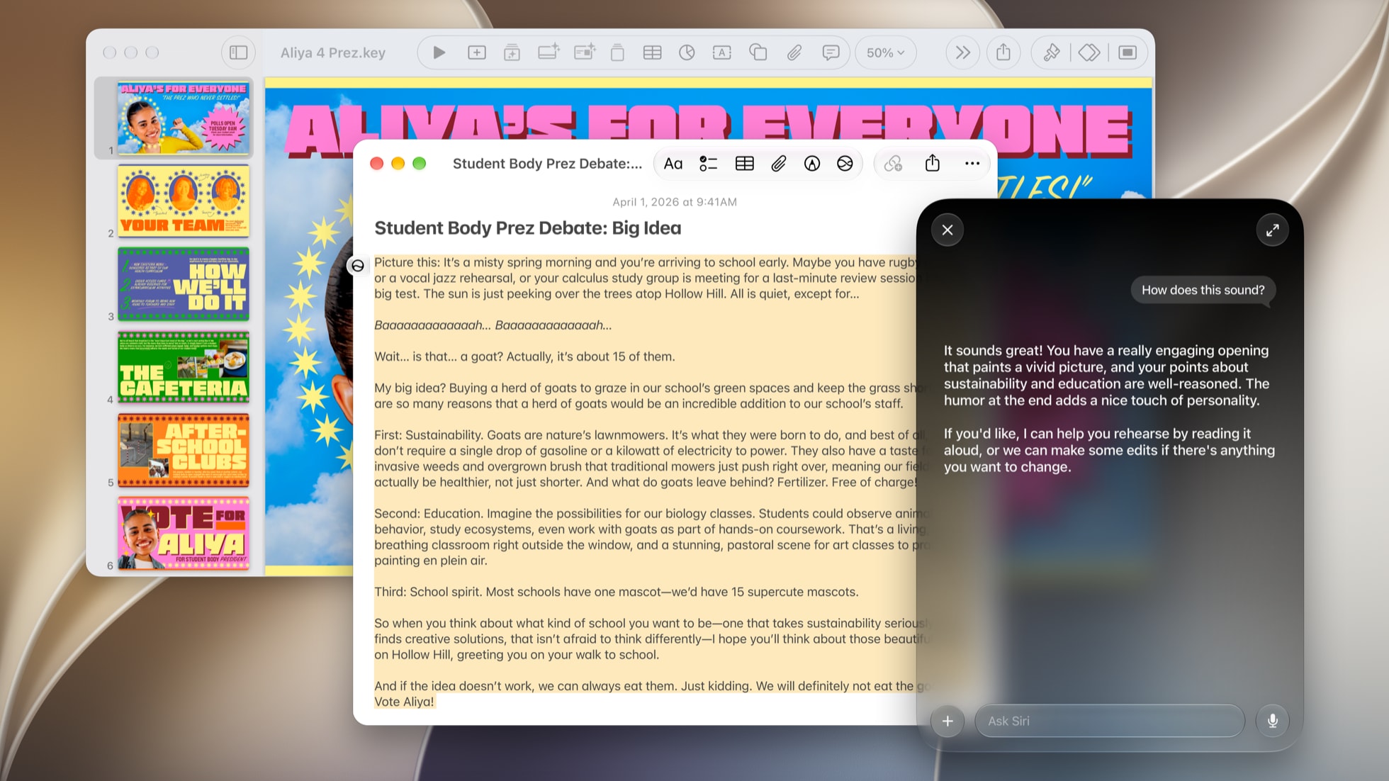 A macOS desktop with a Pages document open and an AI chat panel beside it commenting on the text