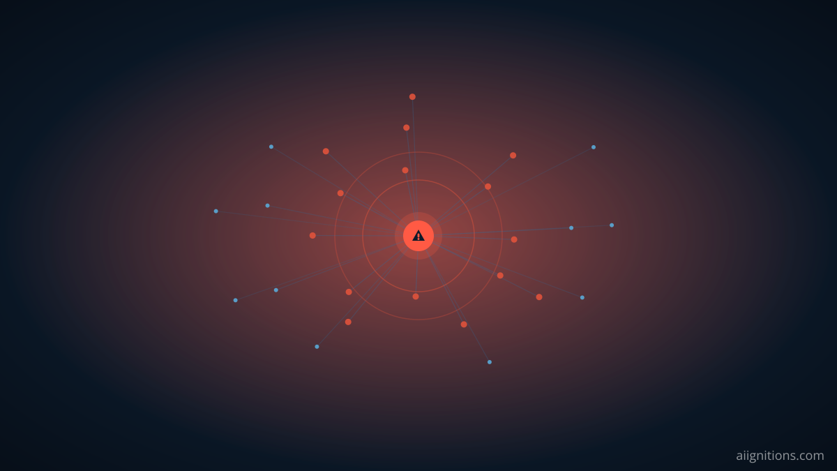 An alerting red central network node inside concentric warning rings, representing the urgency of patching before mass scanning begins.