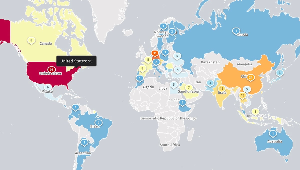Map of internet-exposed Cisco Secure Email Gateway appliances tracked by Shadowserver