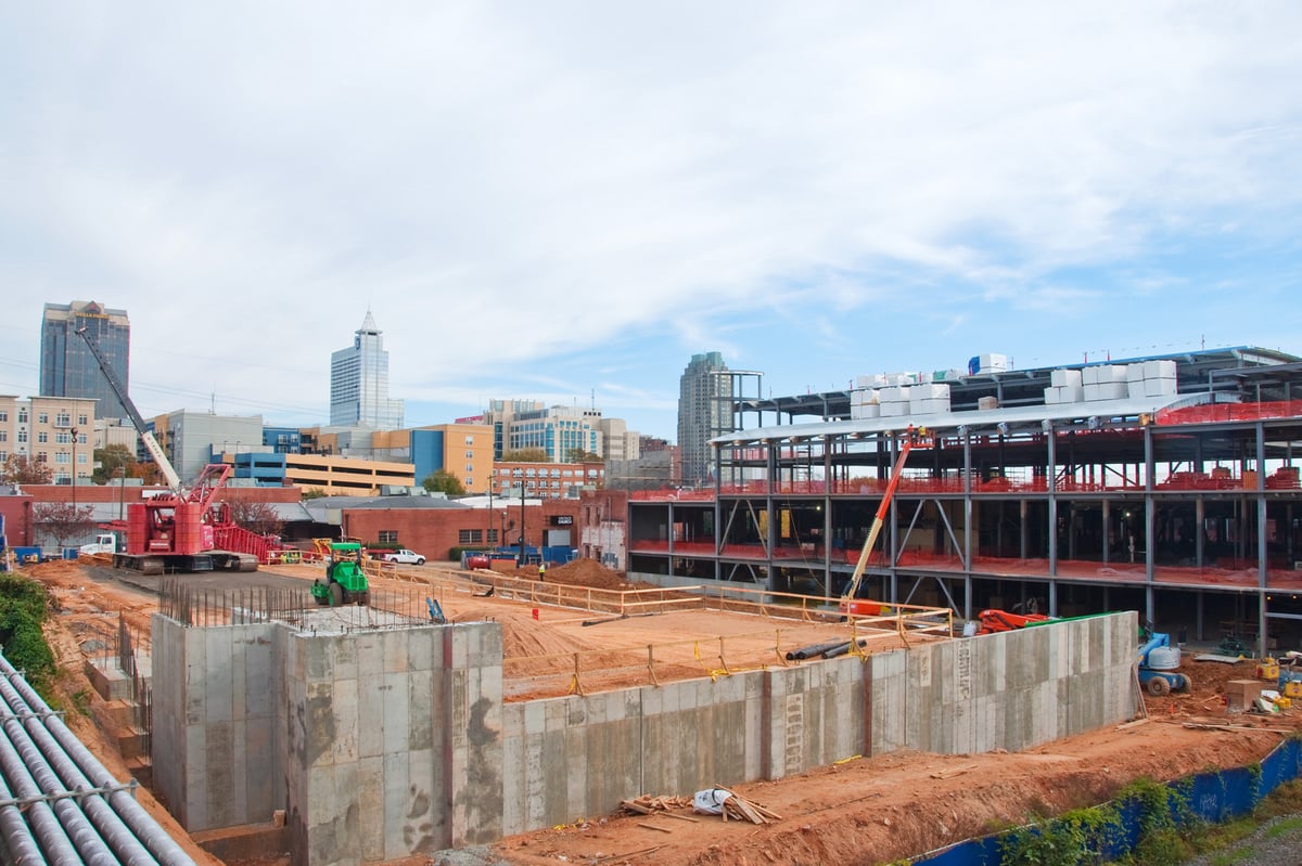 Construction site of the Citrix office in downtown Raleigh, North Carolina, with the city skyline behind it
