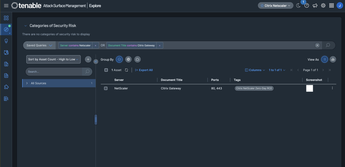 Tenable Attack Surface Management query listing an internet-facing Citrix NetScaler server on ports 80 and 443
