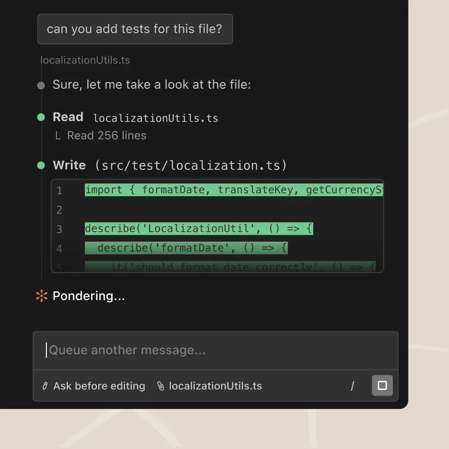 Claude Code session in which Claude reads a TypeScript file and writes tests for it