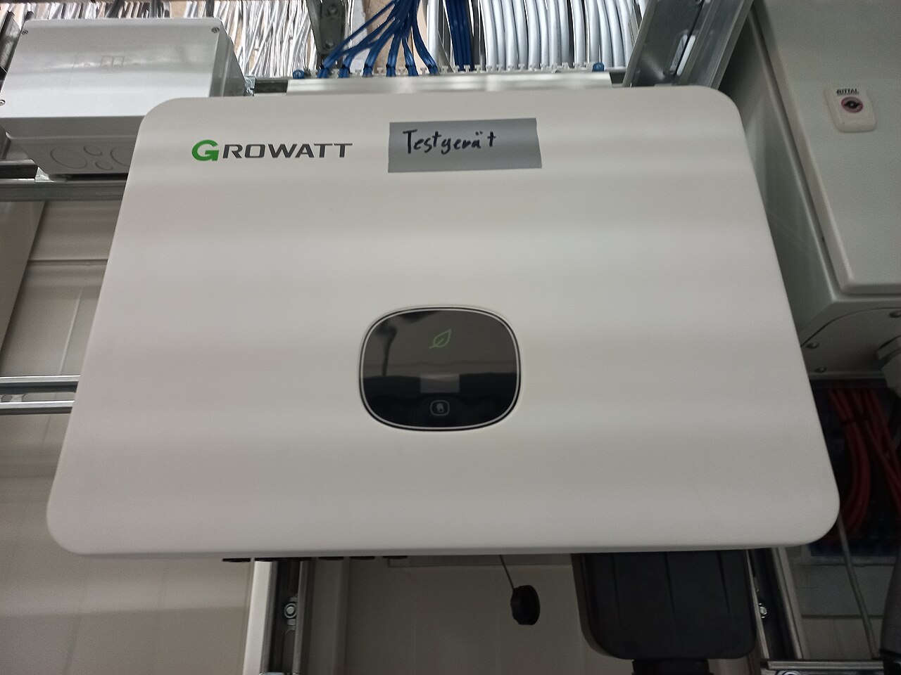 A Growatt MID 30KTL solar inverter installed in a European utility test bay, representing the second device category added to the FCC Covered List
