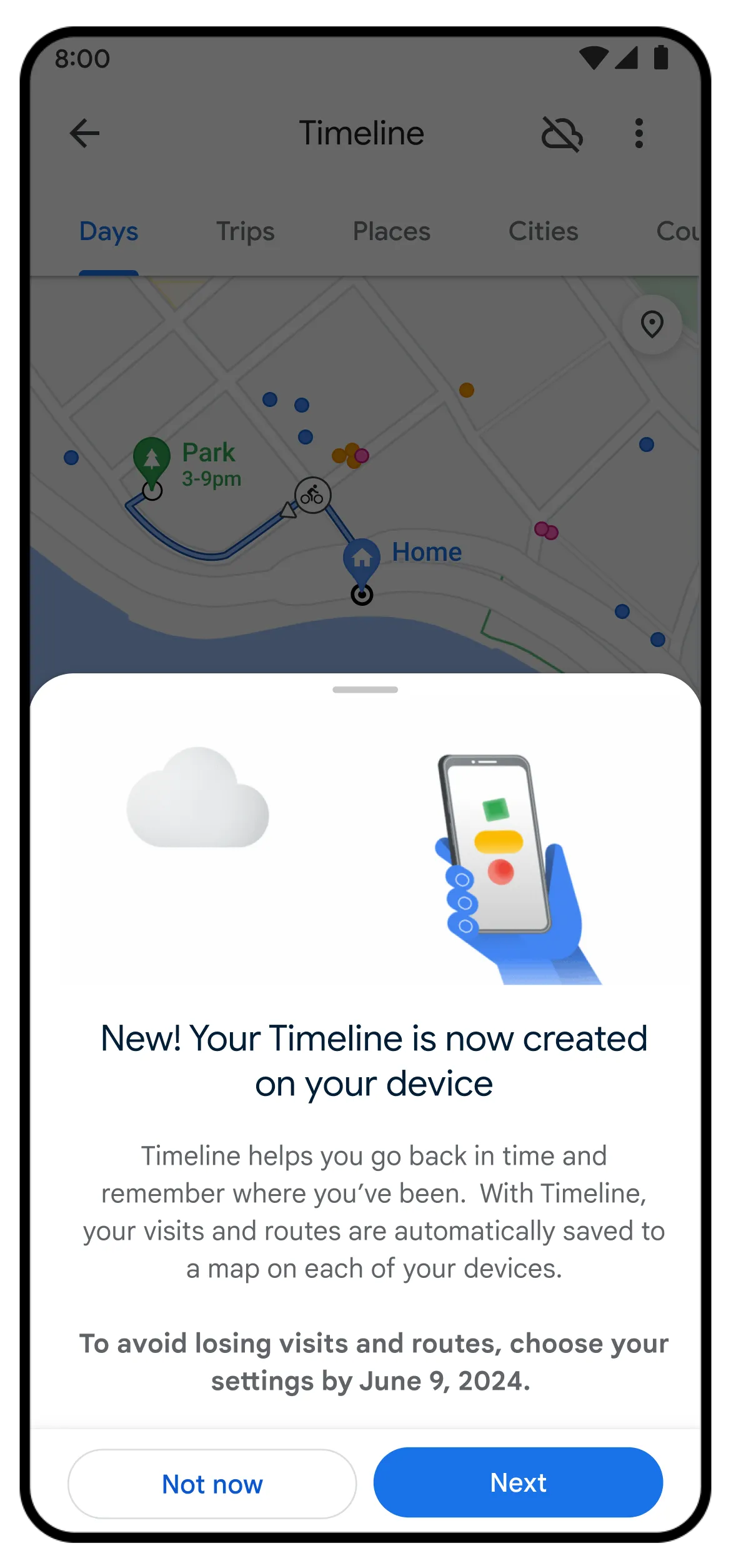 Google Maps notice telling users their Timeline is now created on the device