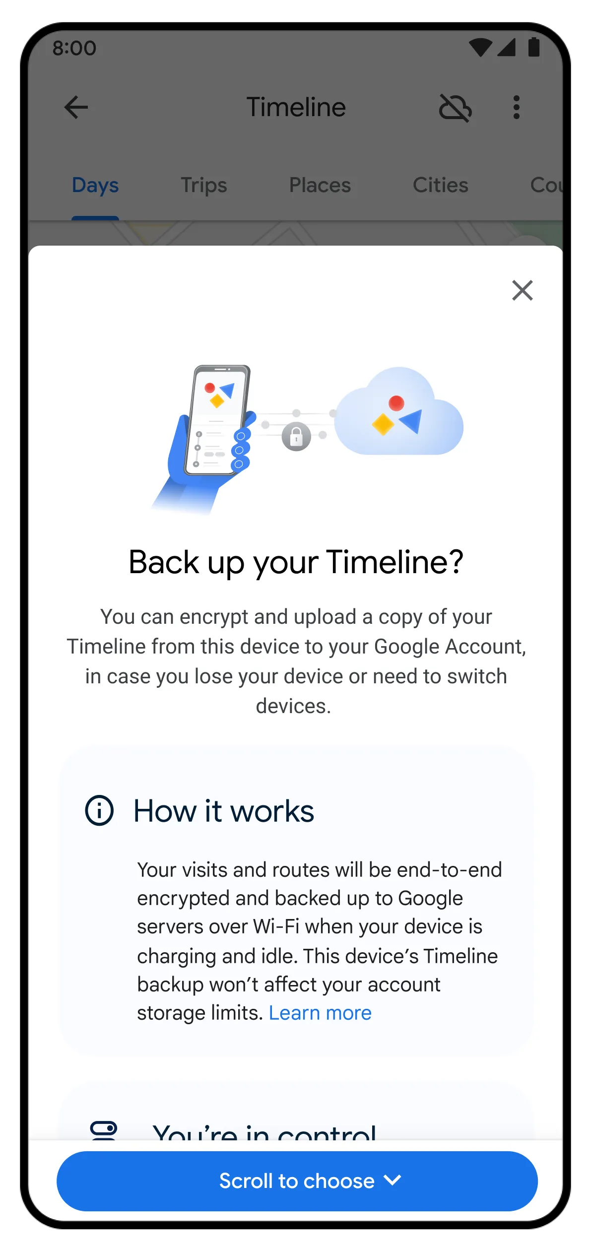 Google Maps prompt asking whether to back up Timeline with encrypted cloud backup