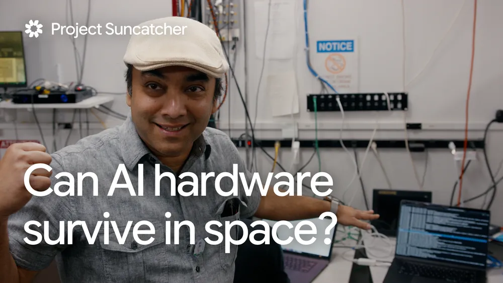Google engineer in a hardware lab beside the question Can AI hardware survive in space