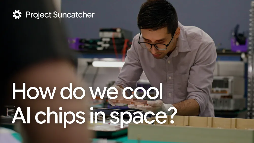 Google engineer at a lab bench of test equipment beside the question How do we cool AI chips in space