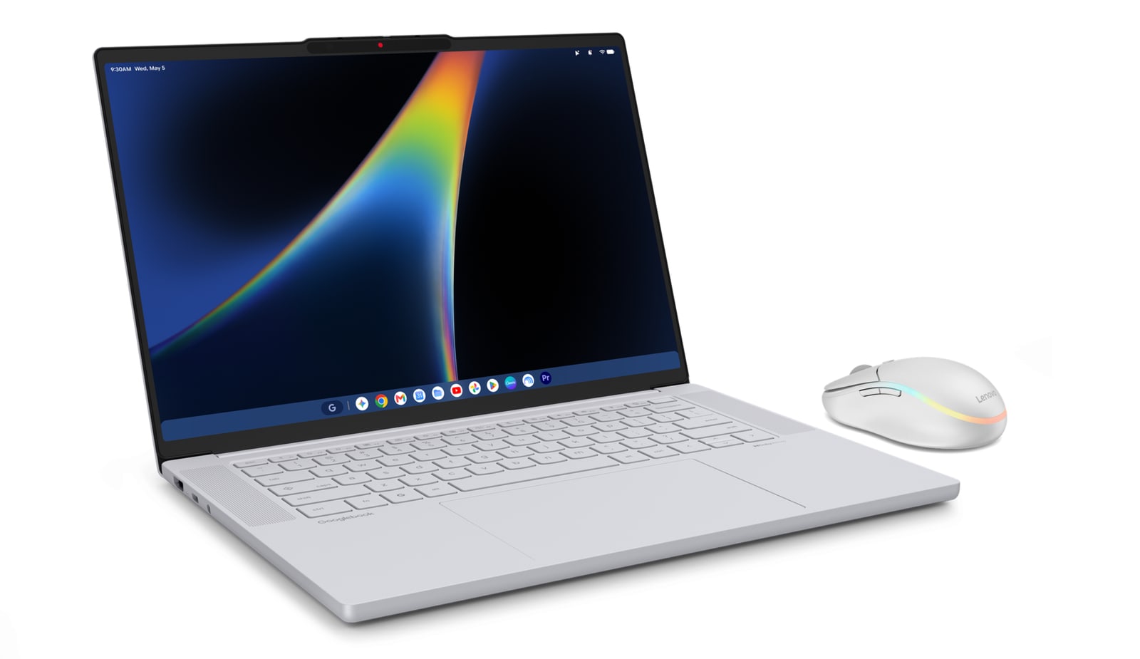 Lenovo Googlebook 15 open and angled to the right, next to a wireless mouse