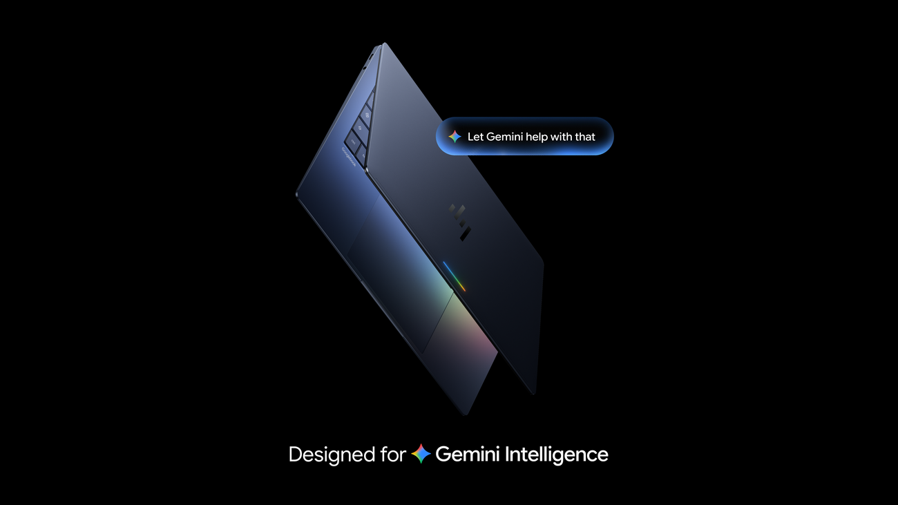 A Googlebook showing a Gemini suggestion bubble, captioned Designed for Gemini Intelligence