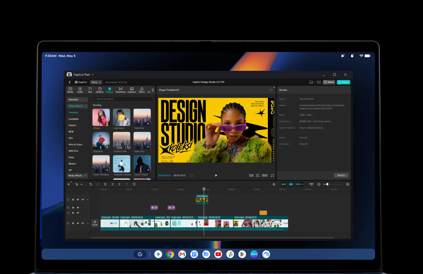 The CapCut Android video editor running full screen on a Googlebook