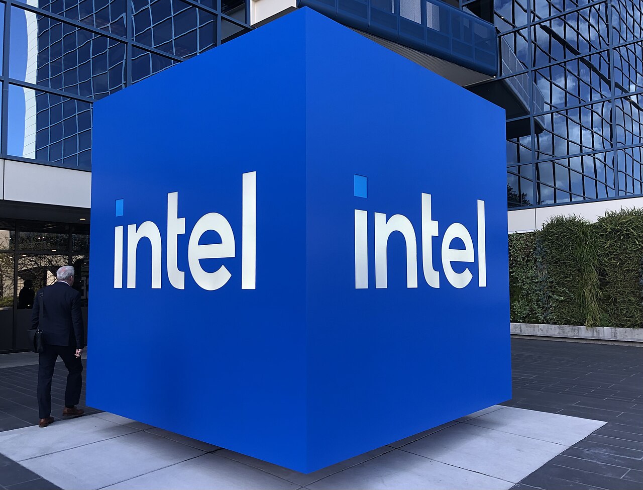 The Intel logo displayed outside the company's Santa Clara campus
