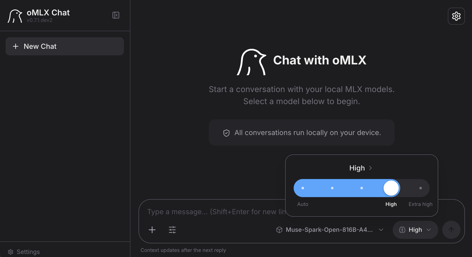 oMLX Chat on a Mac running Muse Spark Open locally with the reasoning effort set to High