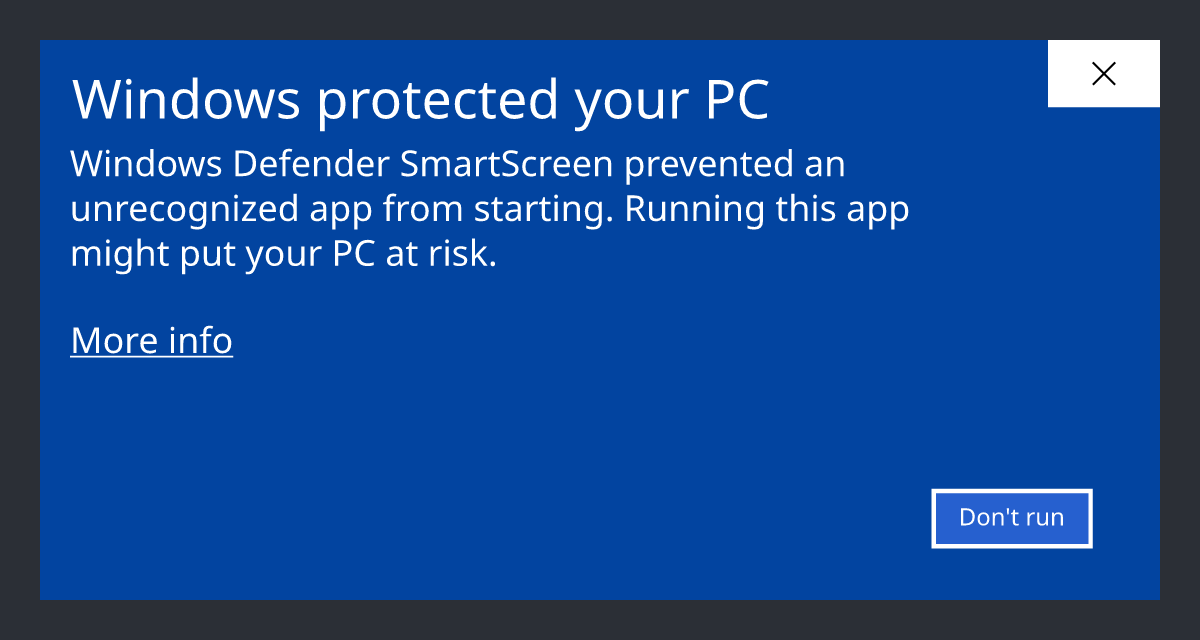 The Microsoft Defender SmartScreen warning Windows protected your PC, which a Mark of the Web bypass keeps from appearing