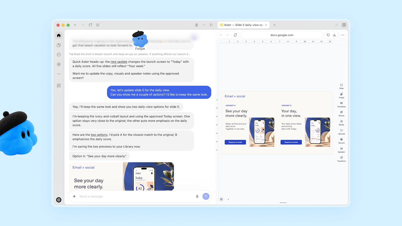 A dot named Felipe revising launch materials next to two email and social design options in ChatGPT