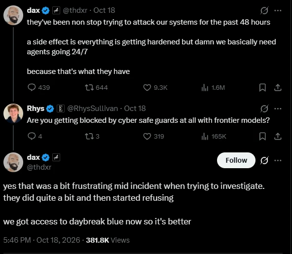 Dax Raad's X post saying the distillation attack on OpenCode ran for 48 hours (screenshot via BleepingComputer)